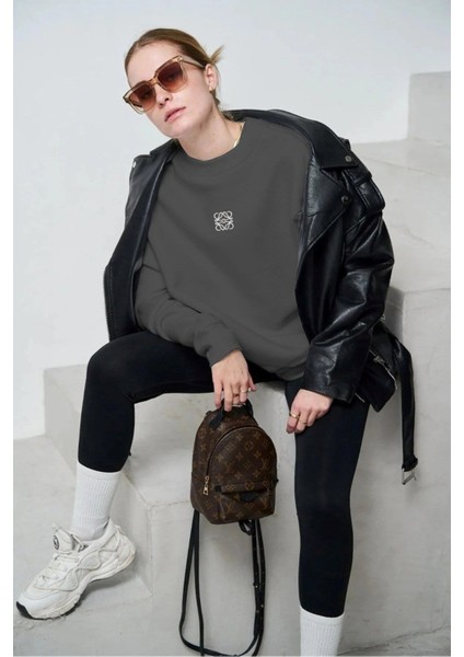 Füme Unisex Loewe Yüksek Baskı Bisiklet Yaka Oversize Sweatshirt indirimleri