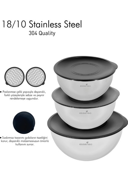 Paslanmaz Çelik Rendeli 304 Quailty 9 Parça Karıştırma Kabı 16-20-24 cm