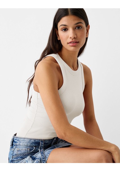 Halter Yaka Fitilli Kırık Beyaz Kadın Atlet