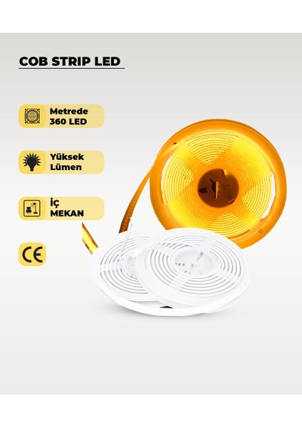12V Cob Şerit LED Amber Işık - Metrede 360 LED - 5 Metre