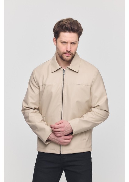 Krem Erkek Basic Suni Deri Yazlık Ceket&Mont