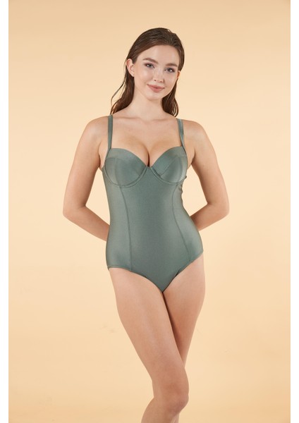 Destekli Ince Askılı Toparlayıcı Mayo - Haki