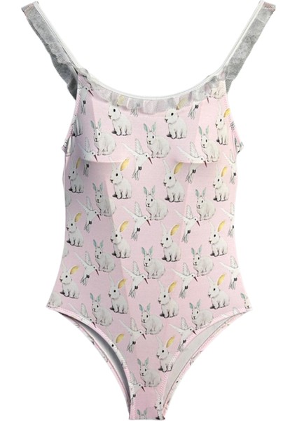 Tavşan ve Kuşlar Desenli Dantel Fırfırlı 50UV Kız Çocuk Mayo By Nessi Byrd