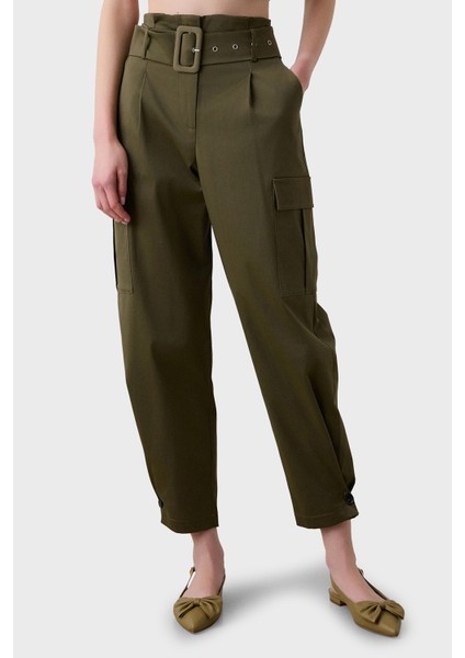 Streç Pamuklu Regular Fit Yüksek Bel Düz Paça Kargo Pantolon Bayan Pantolon 053