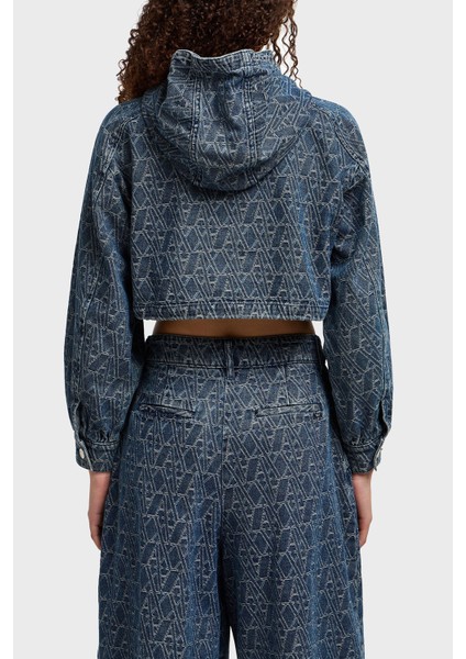 Armani Exchance Pamuk Tamamı Jakarlı Kapüşonlu Crop Kot Ceket Bayan Kot Ceket XW001185 AF12844 FB055 modelleri