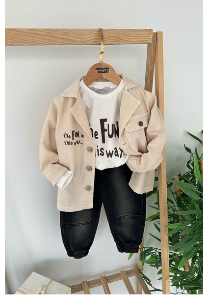 Fun Baskılı Keten Ceketli Erkek Çocuk 3 Lü Kot Pantolonlu takım - Kahve
