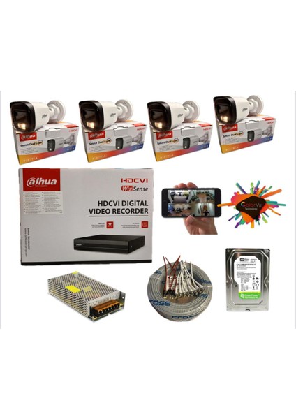 4 Kameralı Gece Renkli 8 Kanal Kayıt Cihazı 1tb HDD 0,50 Kablo Hd Kamera Seti