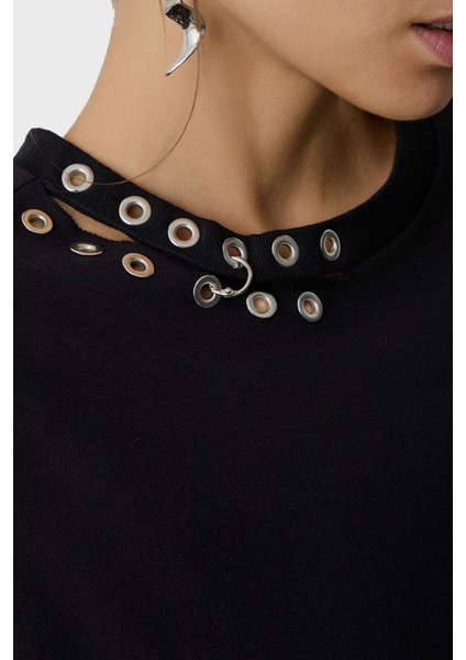 Metalik ve Bağlama Detaylı Pamuklu Oversize Fit Bisiklet Yaka Bluz Bayan Bluz 053 indirimleri