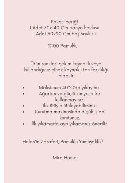 2 Parça Banyo Havlu Seti Helen Pamuklu 70 x 140 cm indirimleri