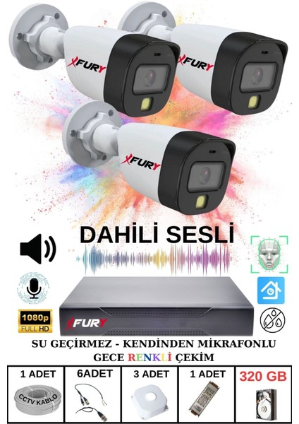 3 Lü Sesli Gece Renkli Görüş Güvenlik Kamerası Su Geçirmez Güvenlik Kamerası Seti 320GB
