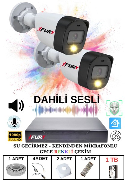 2 Li Sesli Gece Renkli Görüş Güvenlik Kamerası Su Geçirmez Güvenlik Kamerası Seti 1tb