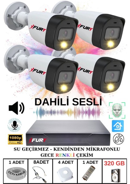 4 Lü Sesli Gece Renkli Görüş Güvenlik Kamerası Su Geçirmez Güvenlik Kamerası Seti 320GB