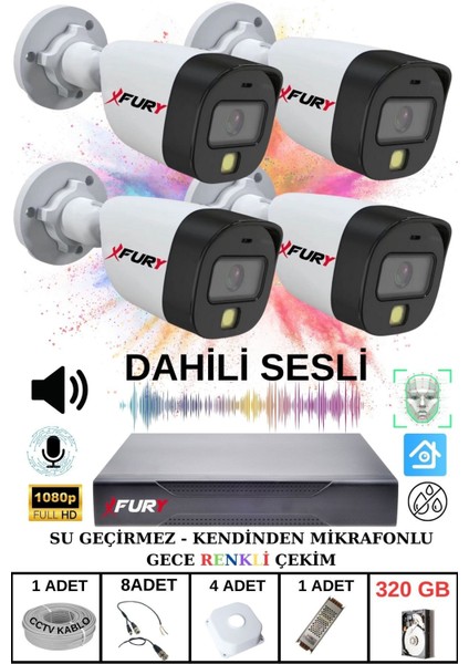 4 Lü Sesli Gece Renkli Görüş Güvenlik Kamerası Su Geçirmez Güvenlik Kamerası Seti 320GB