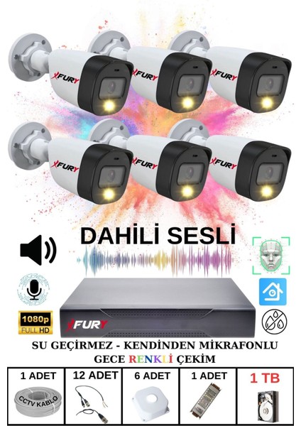 6 Lı Sesli Gece Renkli Görüş Güvenlik Kamerası Su Geçirmez Güvenlik Kamerası Seti 1tb