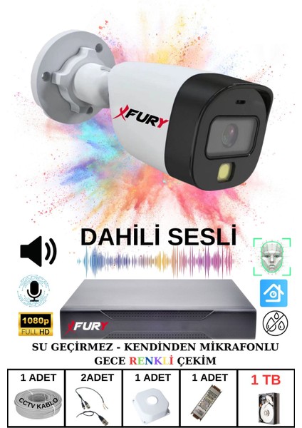 1 Li Sesli Gece Renkli Görüş Güvenlik Kamerası Su Geçirmez Güvenlik Kamerası Seti 1tb