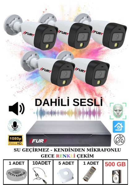 5 Li Sesli Gece Renkli Görüş Güvenlik Kamerası Su Geçirmez Güvenlik Kamerası Seti 500GB