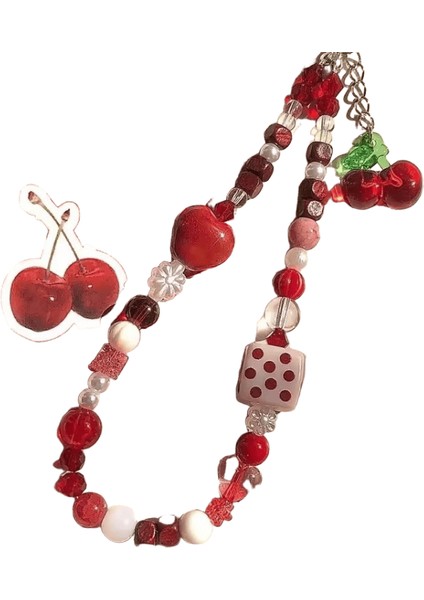 Sevimli Kırmızı Kiraz Kolye Cep Telefonu Kılıfı Zincir Telefon Zinciri El Yapımı Boncuklu Anti-Kayıp Halat Telefon Aksesuarları Hediyeler (Yurt Dışından)