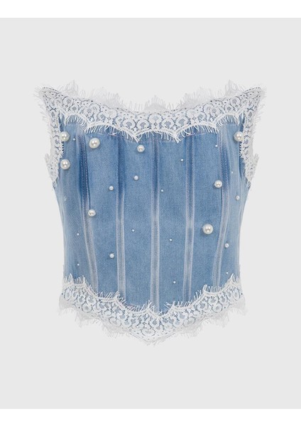 Tiber Kadın Denim Taşlı Mavi Korse indirimleri