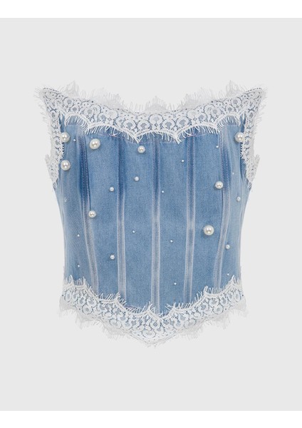 Tiber Kadın Denim Taşlı Mavi Korse