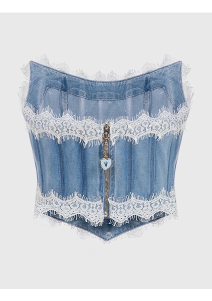 Tiber Kadın Denim Taşlı Mavi Korse