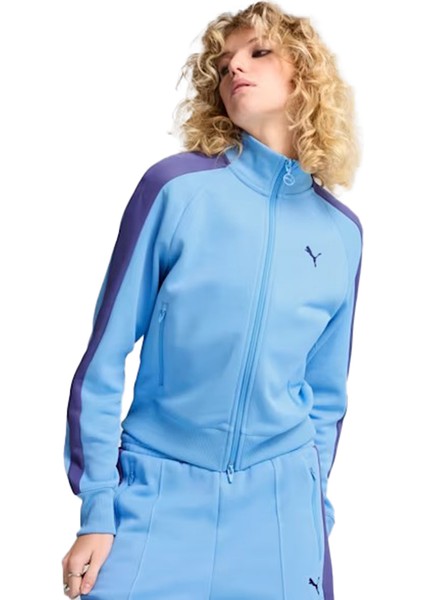 T7 Always On Track Kadın Kapüşonlu Mavi Günlük Stil Ceket Düz Desen