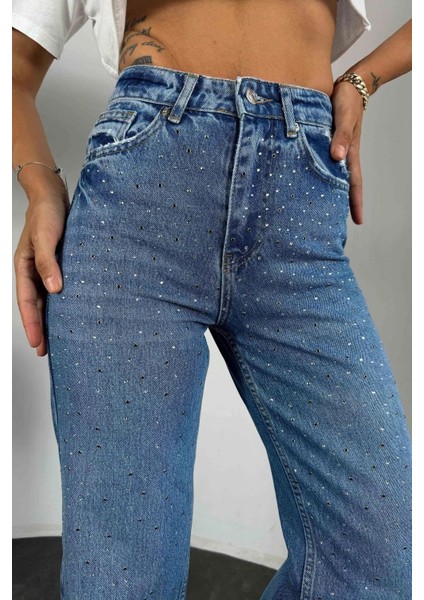 Butikyüksek Bel Taşlı Geniş Paça Mavi Jean Pantolon modelleri