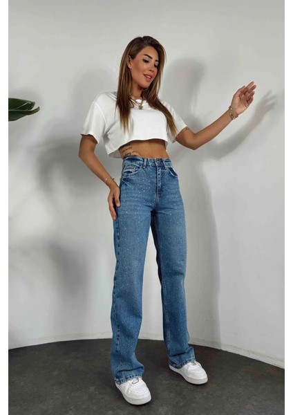 Butikyüksek Bel Taşlı Geniş Paça Mavi Jean Pantolon