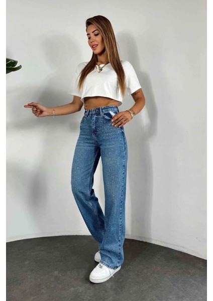 Butikyüksek Bel Taşlı Geniş Paça Mavi Jean Pantolon fırsatları
