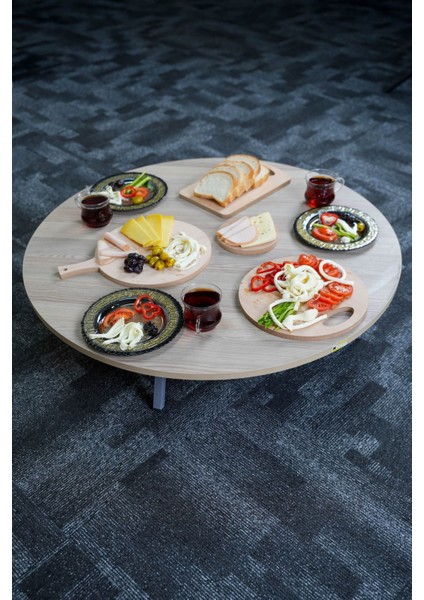 Ahşap Desenli Metal Katlanır Ayaklı Kamp Bahçe Ev Için Yuvarlak Yer Sofrası