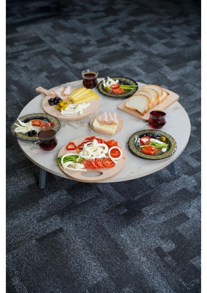 Royal Mermer Desenli Metal Katlanır Ayaklı Kamp Bahçe Ev ve Oyun Için Yuvarlak Yer Sofrası