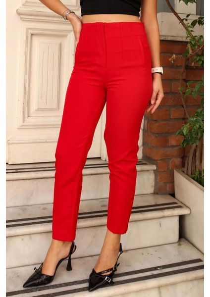 Butikyüksek Bel Pensli Bilek Boy Toparlayıcı %70 Pamuk % 30 Polyester Likralı Kırmızı Pantolon fiyatları