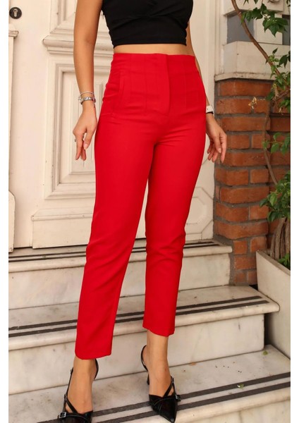 Butikyüksek Bel Pensli Bilek Boy Toparlayıcı %70 Pamuk % 30 Polyester Likralı Kırmızı Pantolon fırsatları