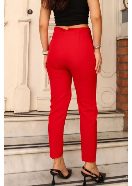 Butikyüksek Bel Pensli Bilek Boy Toparlayıcı %70 Pamuk % 30 Polyester Likralı Kırmızı Pantolon indirimleri