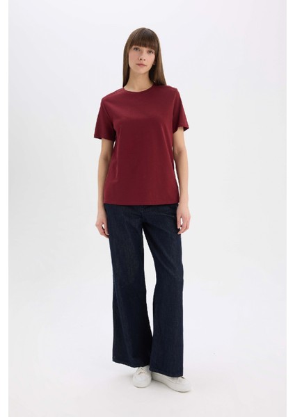 Regular Fit Bisiklet Yaka Basic Düz l Premium Kısa Kollu Bordo Tişört A9428AX25SP