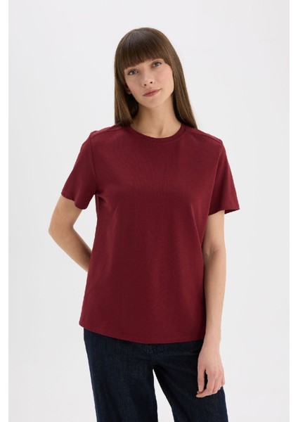 Regular Fit Bisiklet Yaka Basic Düz l Premium Kısa Kollu Bordo Tişört A9428AX25SP