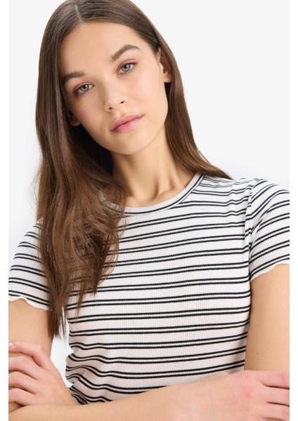 Fitted Bisiklet Yaka Çizgili Fitilli Kaşkorse Kısa Kollu Tişört K1965AZ25SM