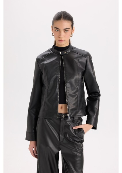 Regular Fit Fermuarlı Suni Deri Mont Y7156AZ25SP