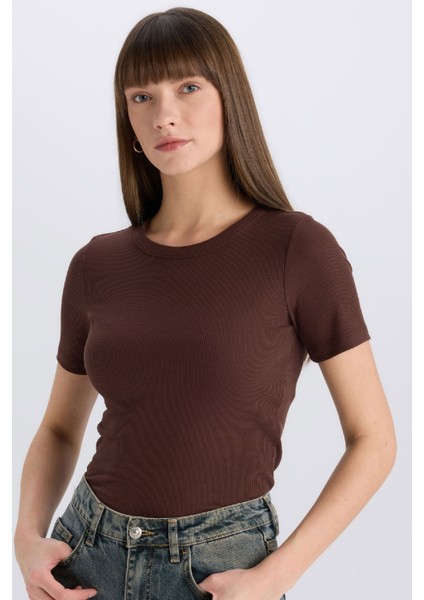 Slim Fit Dar Kesim Bisiklet Yaka Fitilli Kaşkorse Basic Düz Kısa Kollu Tişört C0097AX25SP