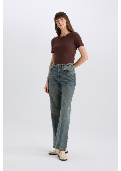Slim Fit Dar Kesim Bisiklet Yaka Fitilli Kaşkorse Basic Düz Kısa Kollu Tişört C0097AX25SP
