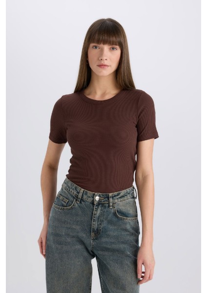 Slim Fit Dar Kesim Bisiklet Yaka Fitilli Kaşkorse Basic Düz Kısa Kollu Tişört C0097AX25SP