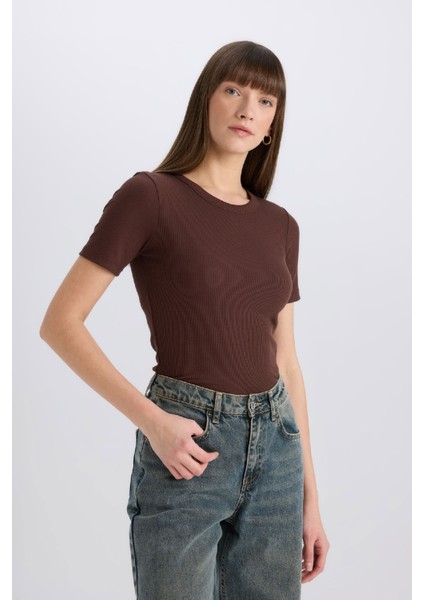 Slim Fit Dar Kesim Bisiklet Yaka Fitilli Kaşkorse Basic Düz Kısa Kollu Tişört C0097AX25SP