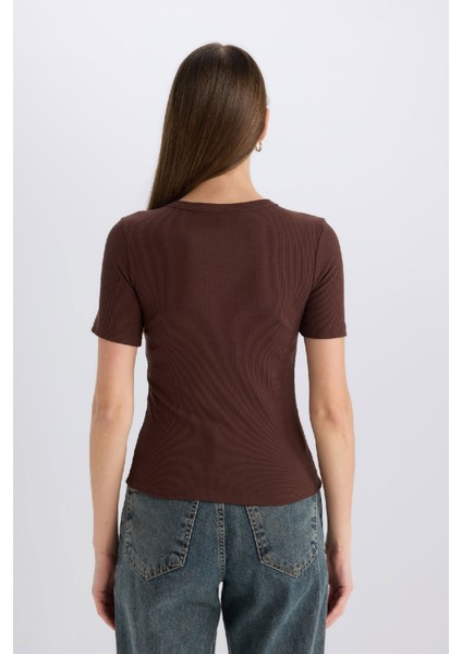 Slim Fit Dar Kesim Bisiklet Yaka Fitilli Kaşkorse Basic Düz Kısa Kollu Tişört C0097AX25SP