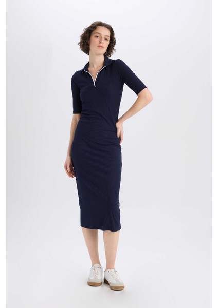 Bodycon Vücudu Saran Polo Yaka Fitilli Kaşkorse Kısa Kollu Midi Elbise E7140AX25SP