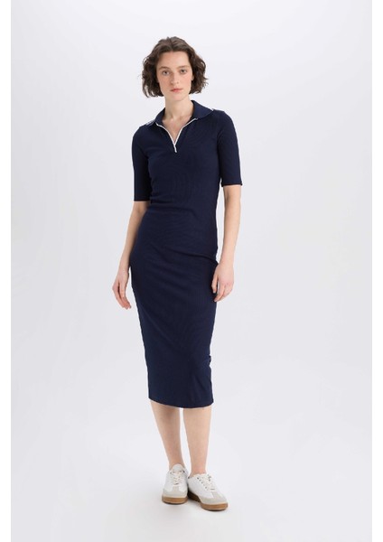 Bodycon Vücudu Saran Polo Yaka Fitilli Kaşkorse Kısa Kollu Midi Elbise E7140AX25SP