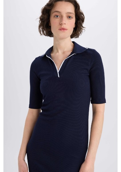 Bodycon Vücudu Saran Polo Yaka Fitilli Kaşkorse Kısa Kollu Midi Elbise E7140AX25SP
