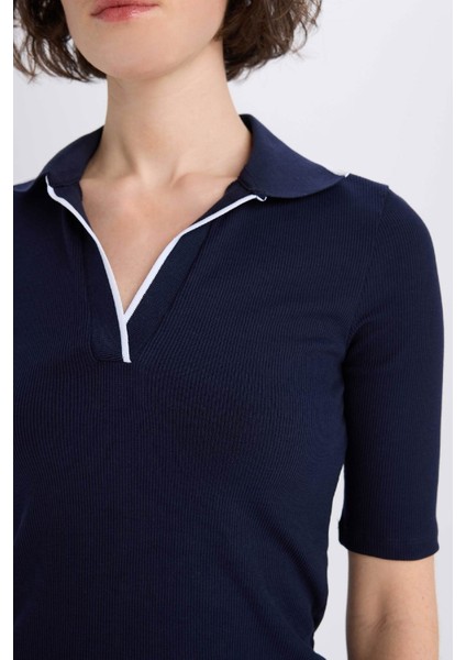 Bodycon Vücudu Saran Polo Yaka Fitilli Kaşkorse Kısa Kollu Midi Elbise E7140AX25SP