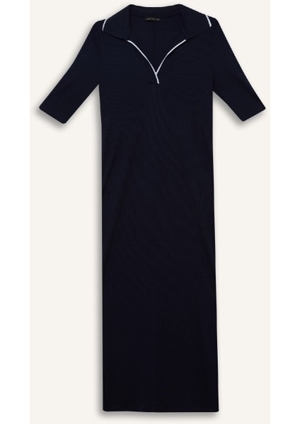 Bodycon Vücudu Saran Polo Yaka Fitilli Kaşkorse Kısa Kollu Midi Elbise E7140AX25SP