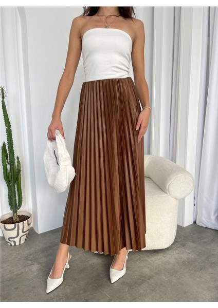 Butik Pilisoley Seten Parlak Kumaş Bel Lastikli Standart Beden Uzun Etek