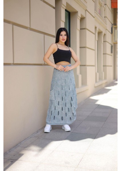 Fibula Butik Etnik Bohem ve Otantik Tarz Yıkamalı Tasarım Astarlı Yan Büzmeli Cepli Pamuk Standart Beden Etek