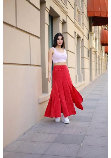 Fibula Butik Etnik Bohem ve Otantik Tarz Taşlanmış Bel Lastikli Standart Beden Tasarım Astarlı Pamuk Triko Etek